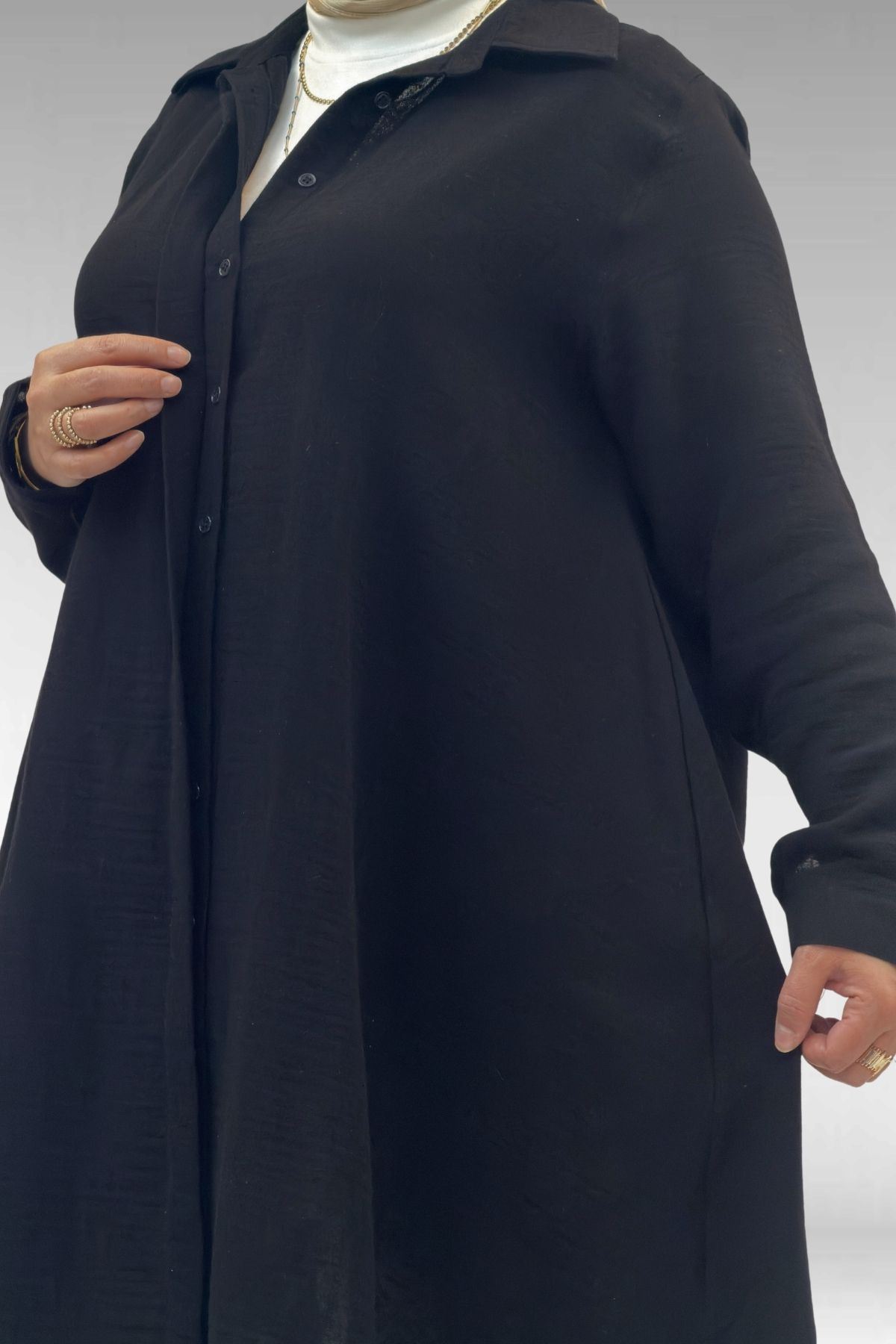 58093 Büyük Beden Mevlana Kesim Müslin Gömlek - Siyah