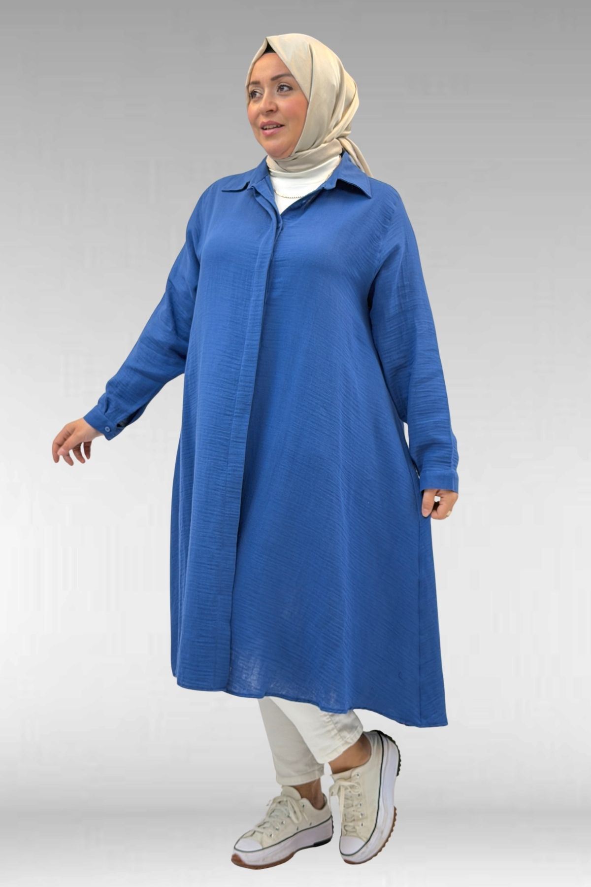 58093 Büyük Beden Mevlana Kesim Müslin Gömlek - İndigo