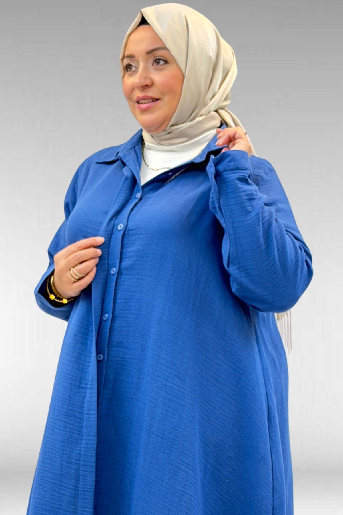 58093 Büyük Beden Mevlana Kesim Müslin Gömlek - İndigo