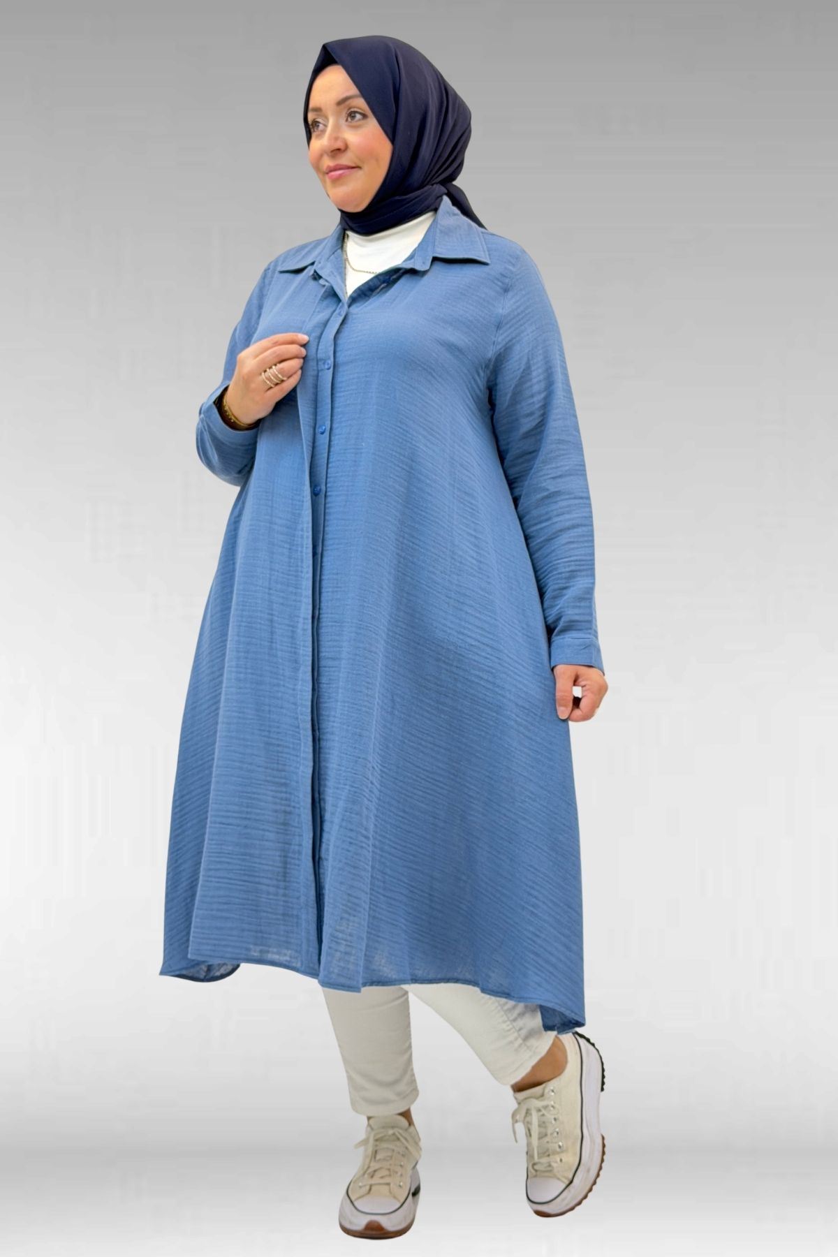 58093 Büyük Beden Mevlana Kesim Müslin Gömlek - Soğuk Mavi