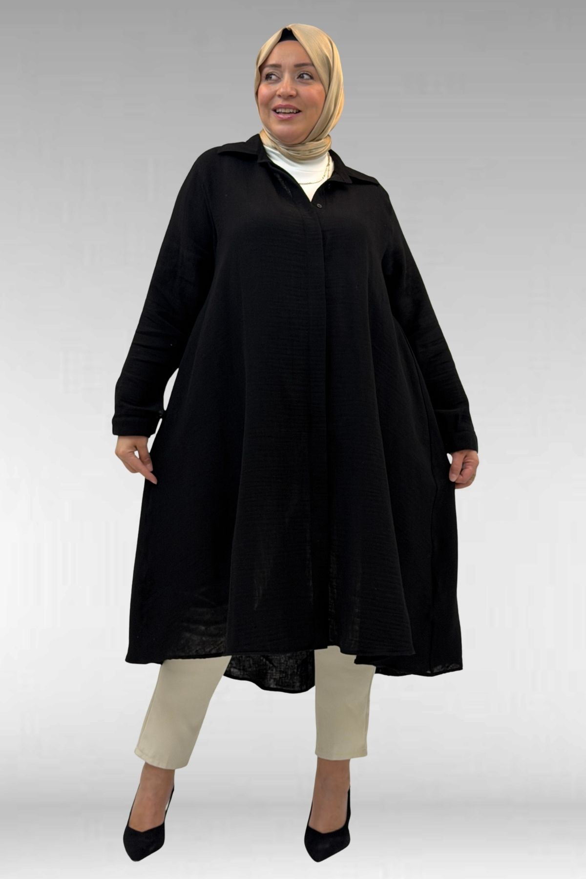 58093 Büyük Beden Mevlana Kesim Müslin Gömlek - Siyah