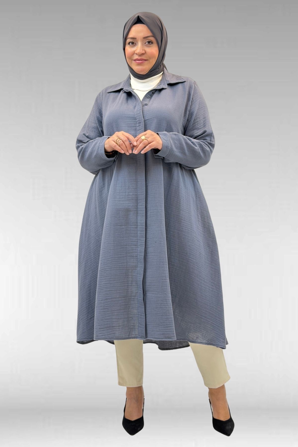 58093 Büyük Beden Mevlana Kesim Müslin Gömlek - Antrasit