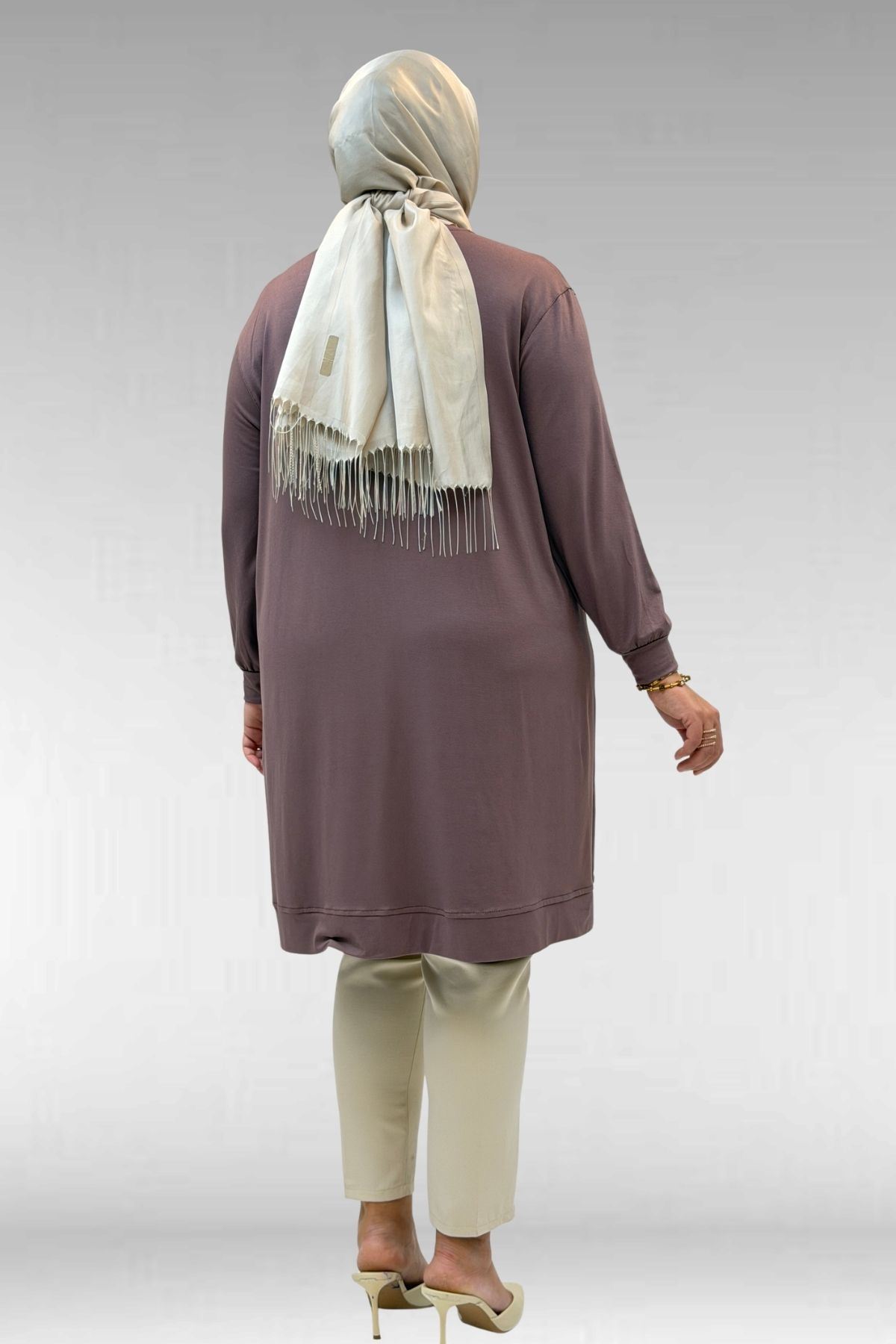 68006 Büyük Beden Pat Üzeri Düğme Detaylı Penye Tunik - Vizon