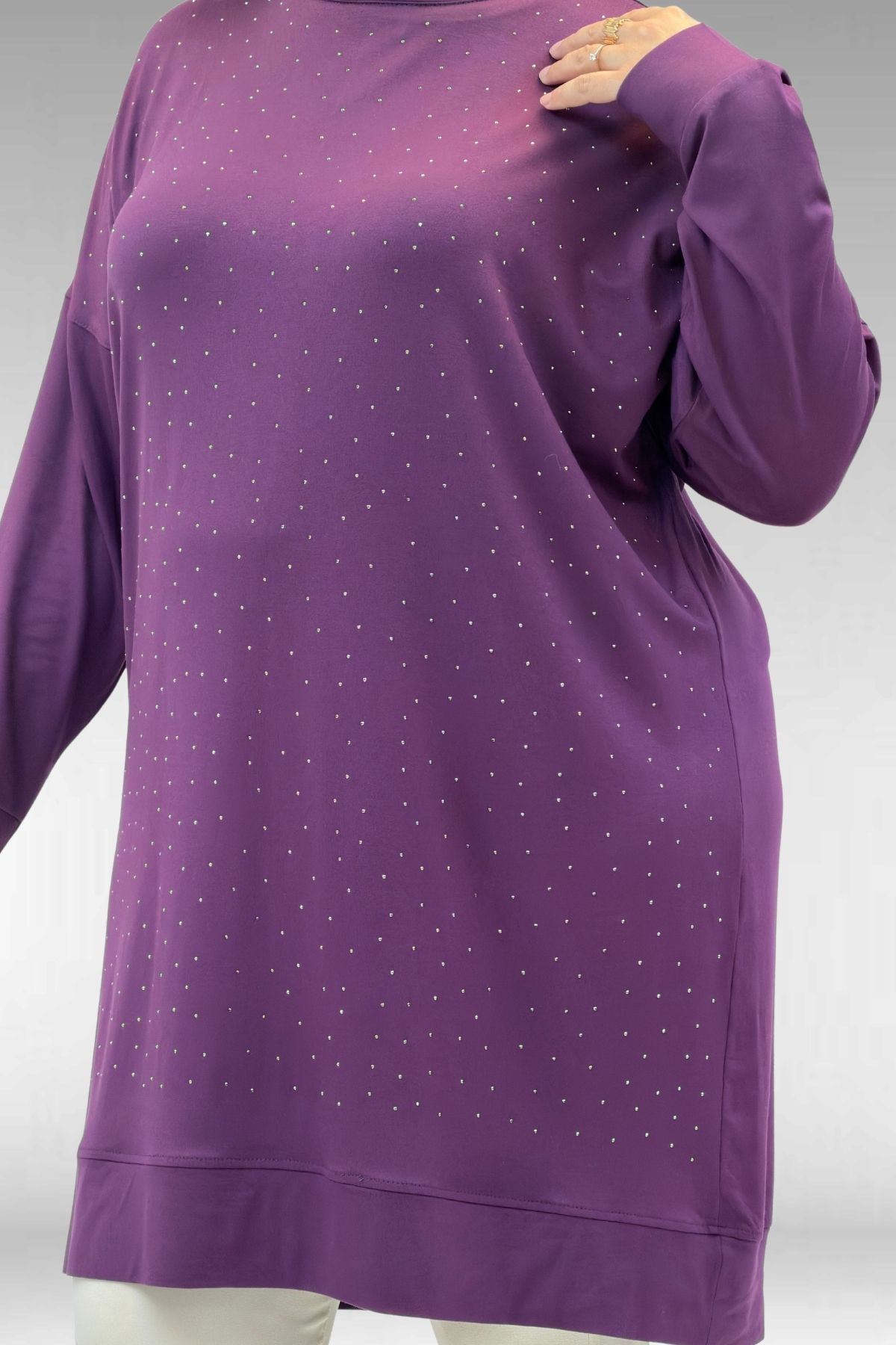 68001 Büyük Beden Önü Taş Baskı Detaylı Penye Tunik - Mürdüm