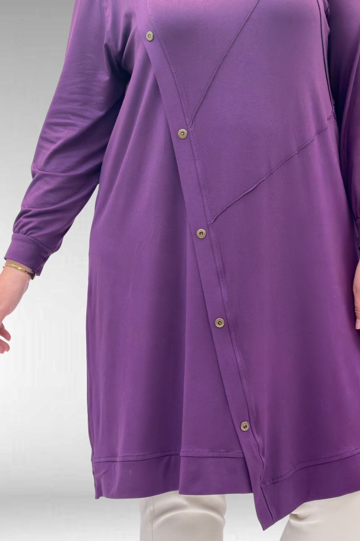 68006 Büyük Beden Pat Üzeri Düğme Detaylı Penye Tunik - Mürdüm