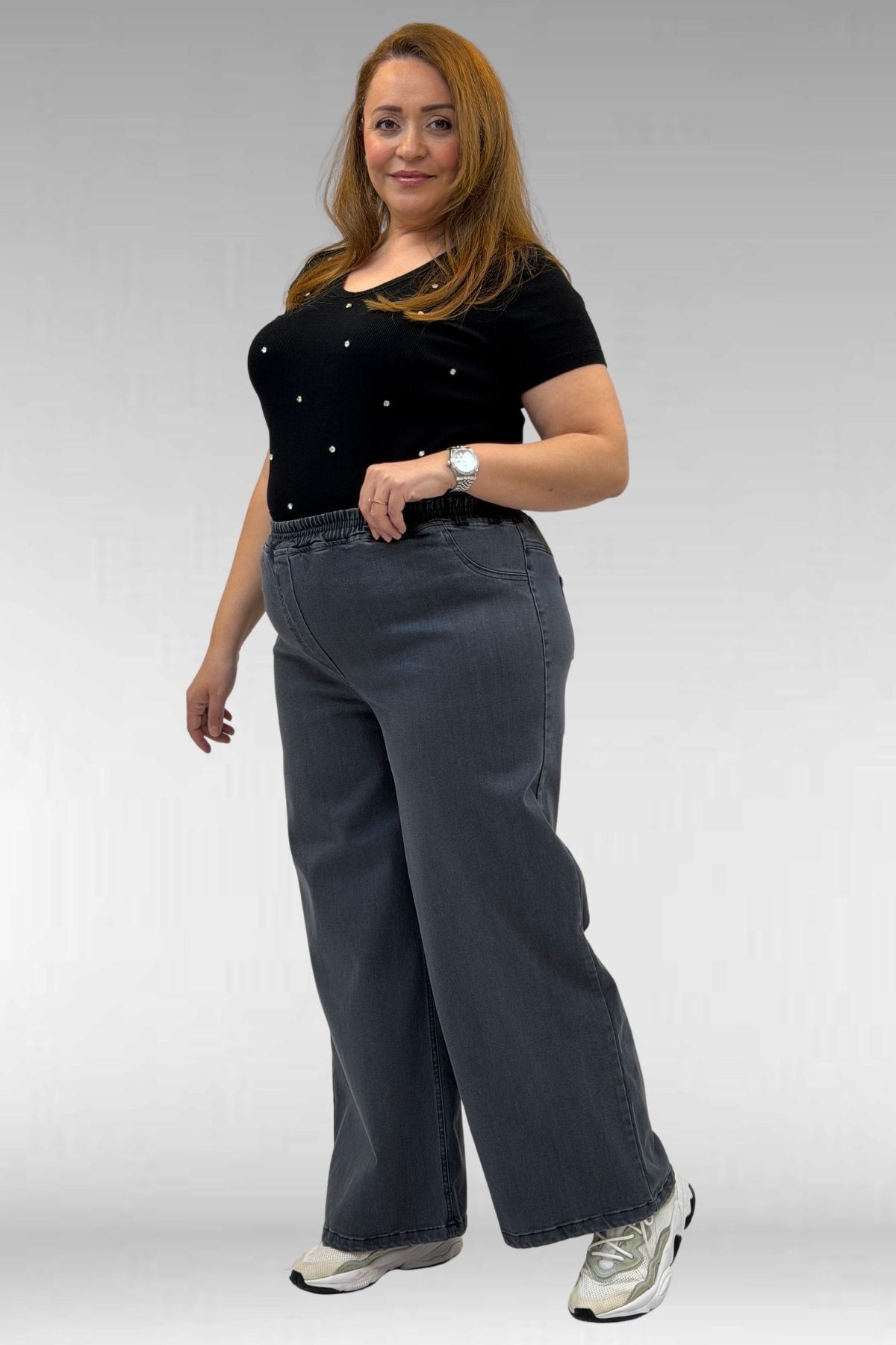 69003 Büyük Beden Beli Lastikli Bolpaça Kot Pantolon - Koyu Gri