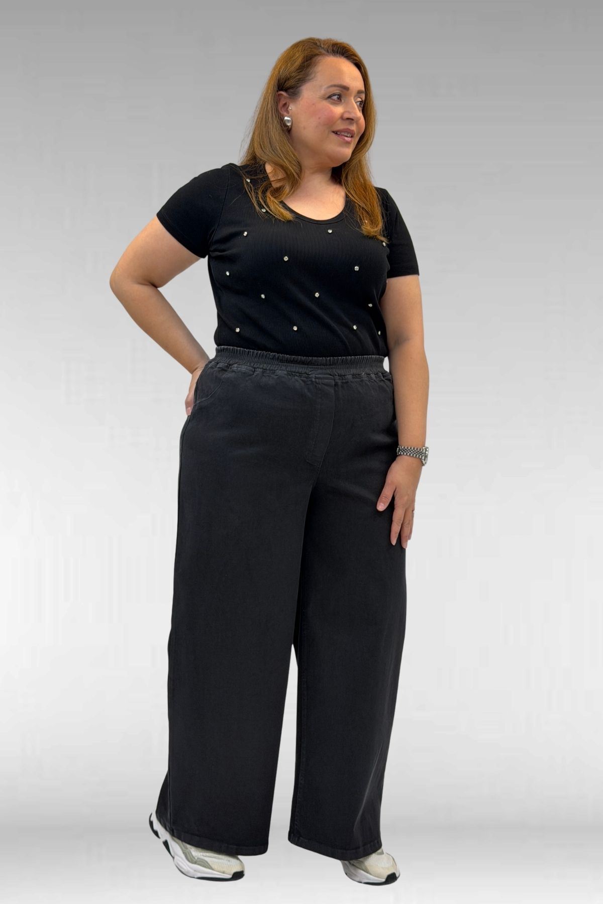 69003 Büyük Beden Beli Lastikli Bolpaça Kot Pantolon - Siyah