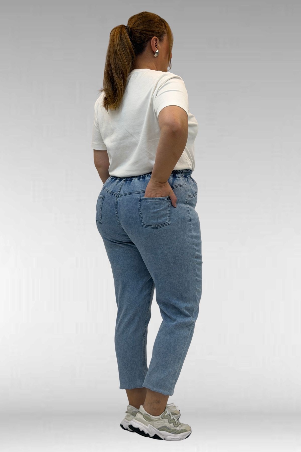 69002 Büyük Beden Beli Lastikli Darpaça Uzun Kot Pantolon - Açık Mavi