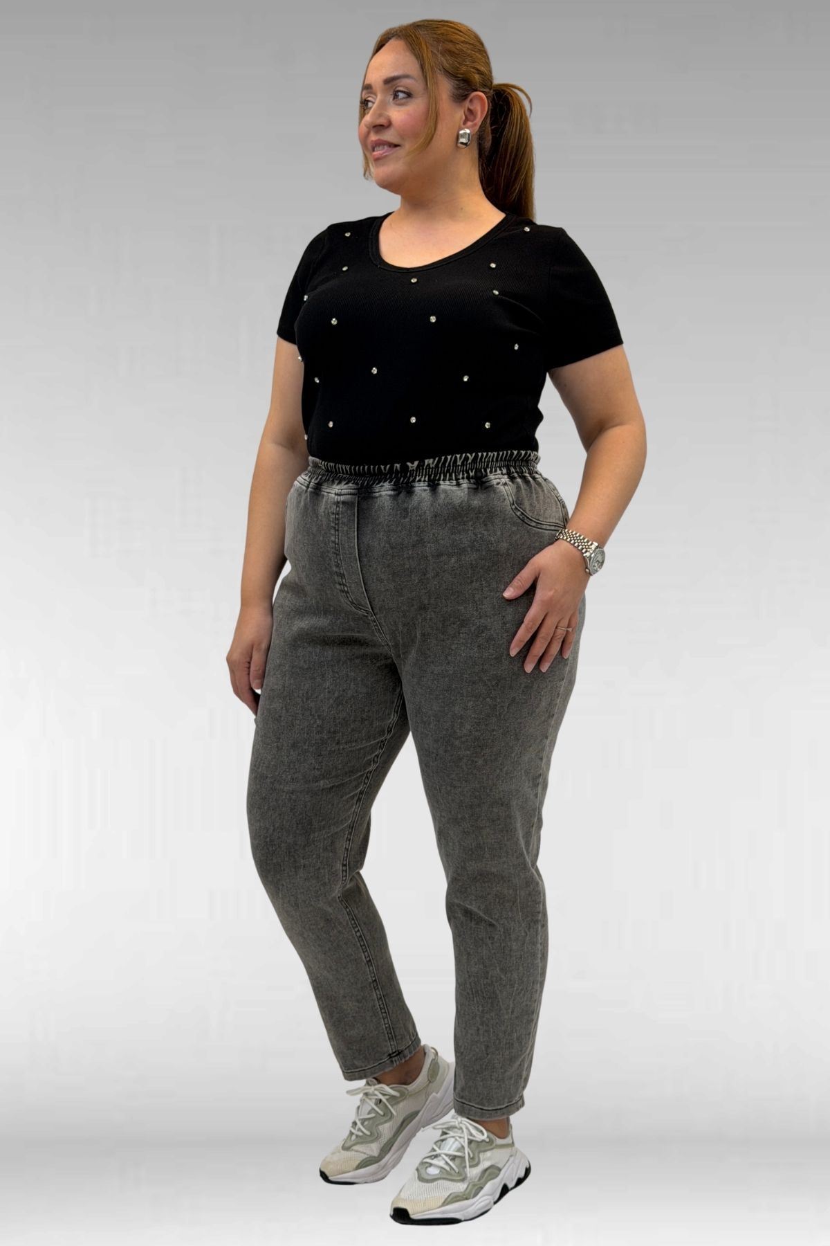 69002 Büyük Beden Beli Lastikli Darpaça Uzun Kot Pantolon - Antrasit