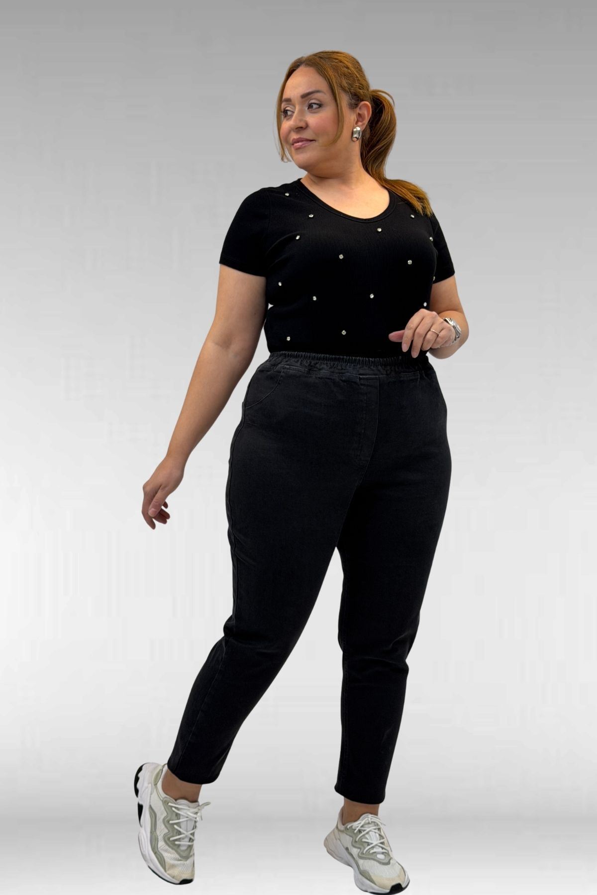 69002 Büyük Beden Beli Lastikli Darpaça Uzun Kot Pantolon - Siyah