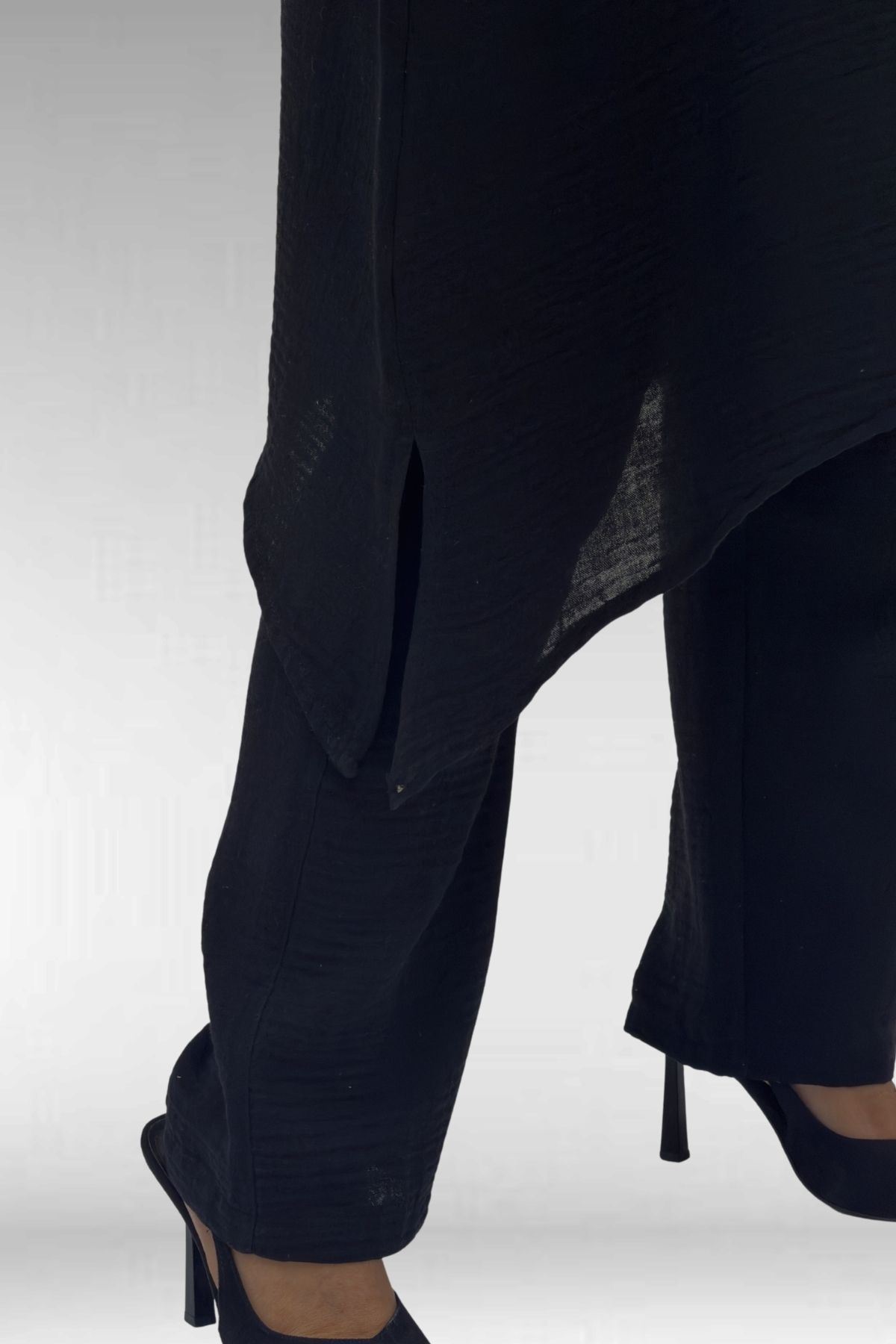 67044 Büyük Beden Asimetrik Kesim Pantolonlu Müslin Takım - Siyah