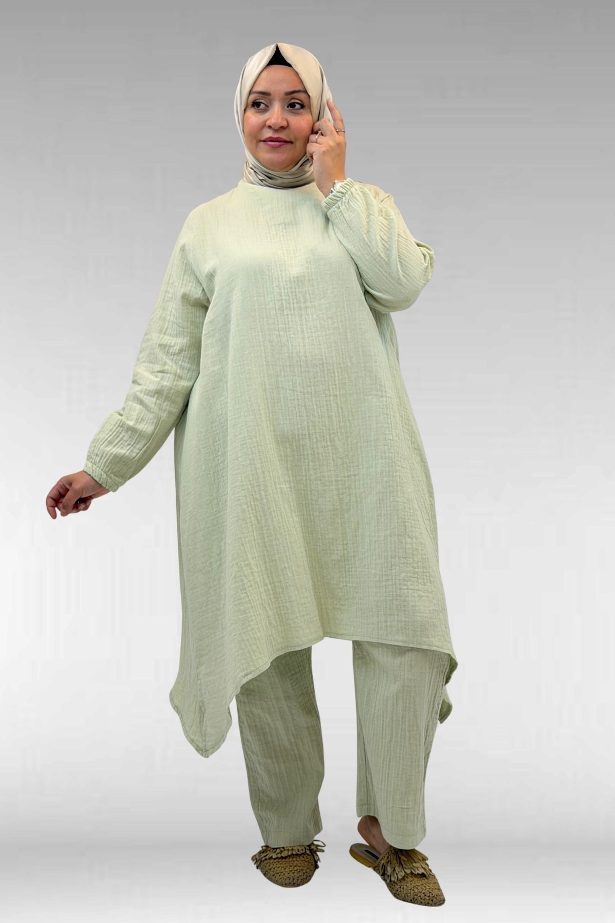 67044 Büyük Beden Asimetrik Kesim Pantolonlu Müslin Takım - nefti