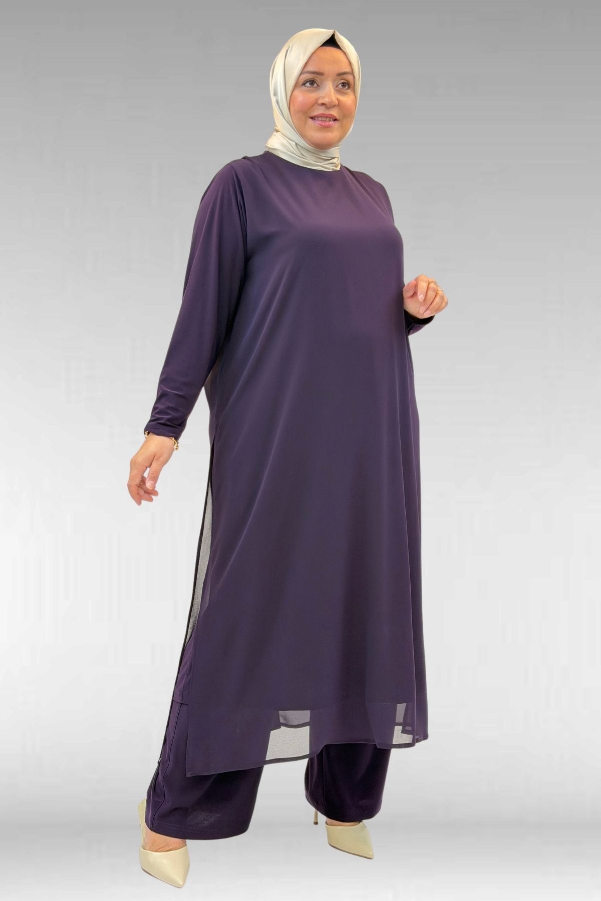 67024 Büyük Beden Sandy-Şifon Elbise - Mürdüm