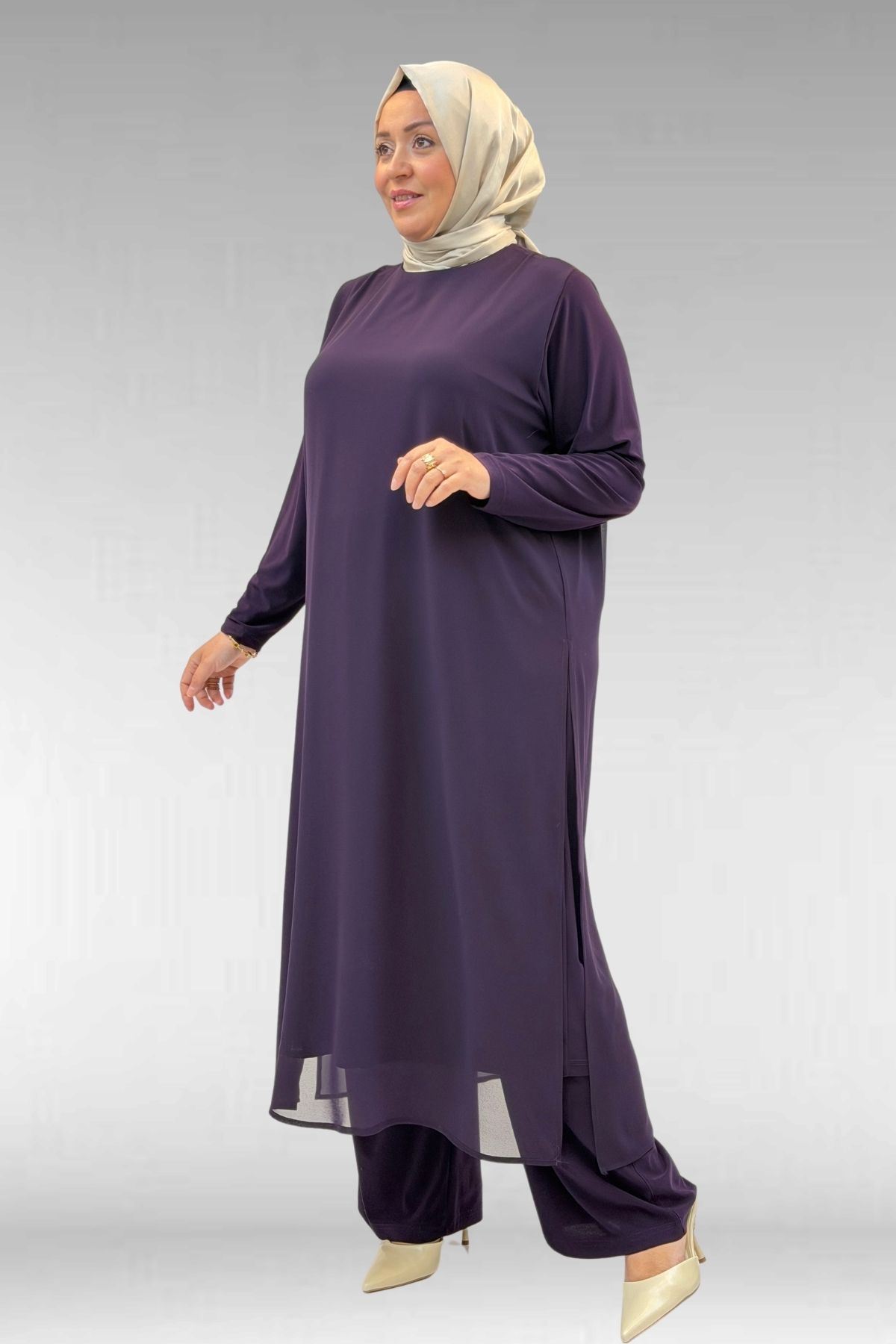 67024 Büyük Beden Sandy-Şifon Elbise - Mürdüm