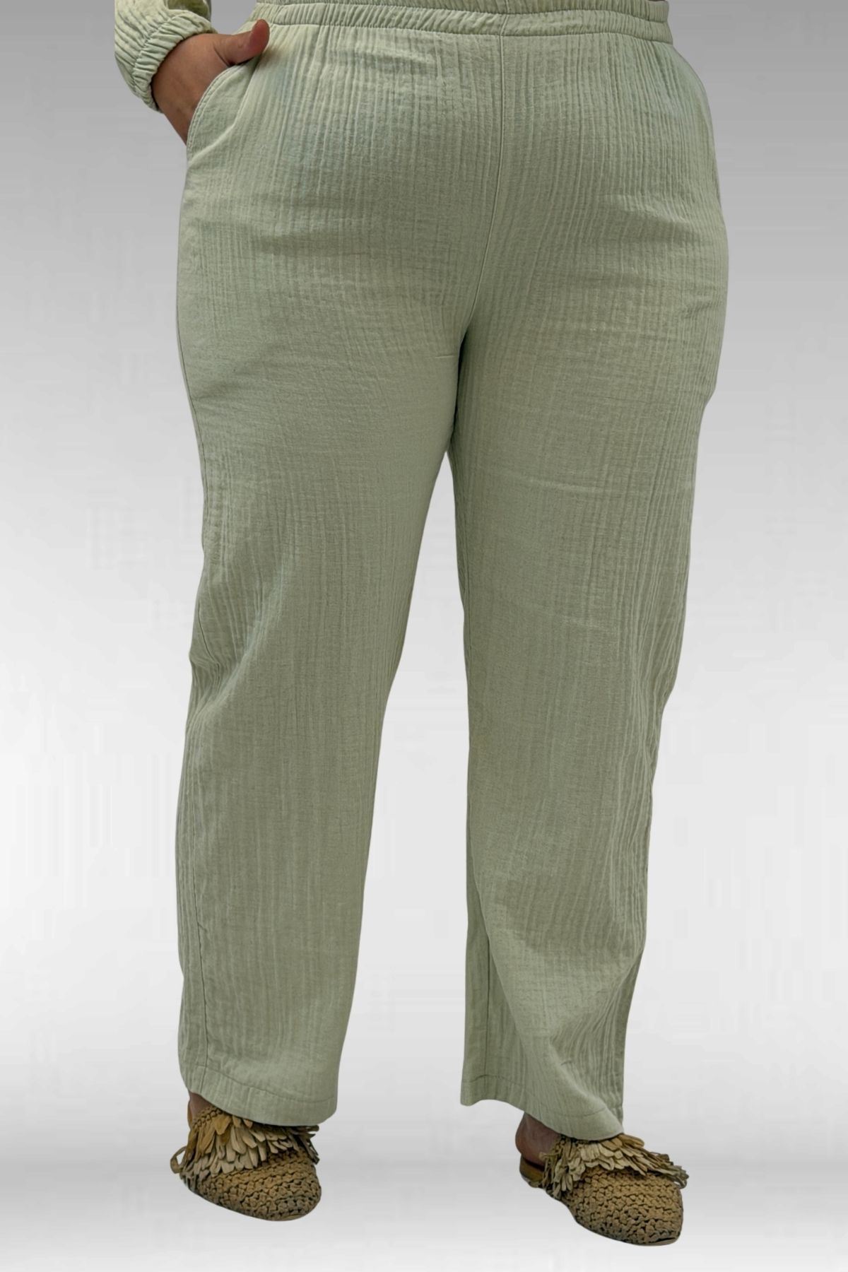 67044 Büyük Beden Asimetrik Kesim Pantolonlu Müslin Takım - nefti