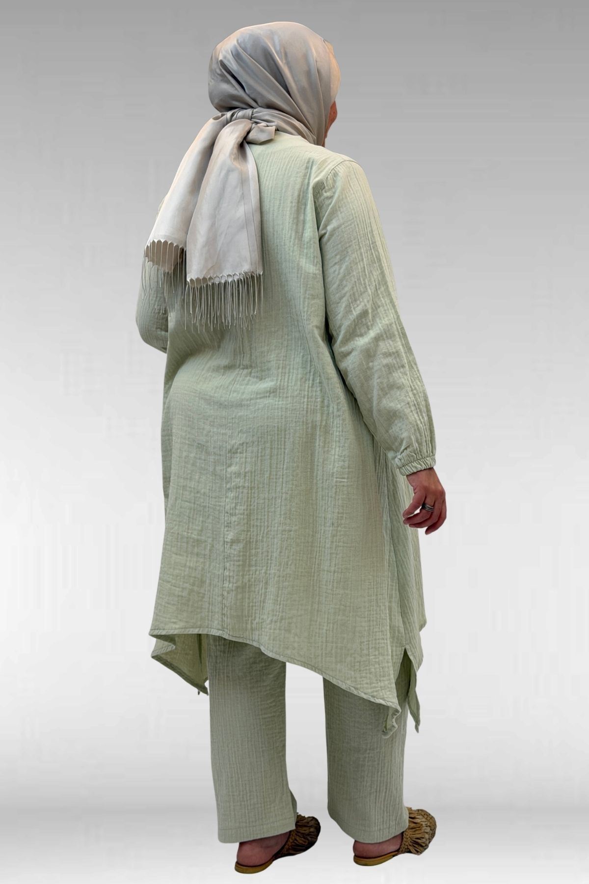 67044 Büyük Beden Asimetrik Kesim Pantolonlu Müslin Takım - nefti