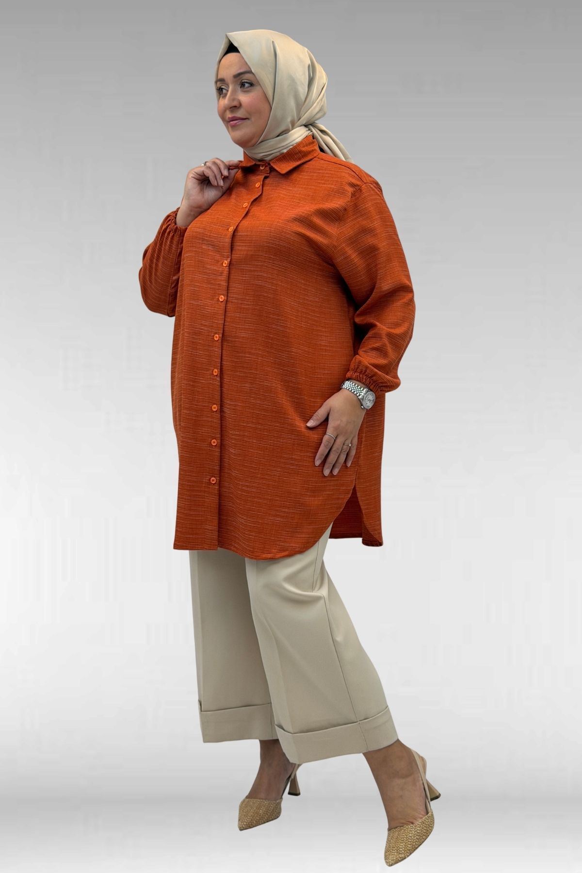 58068 Büyük Beden Erkek Yakalı Gömlek - Kiremit Kırçıllı