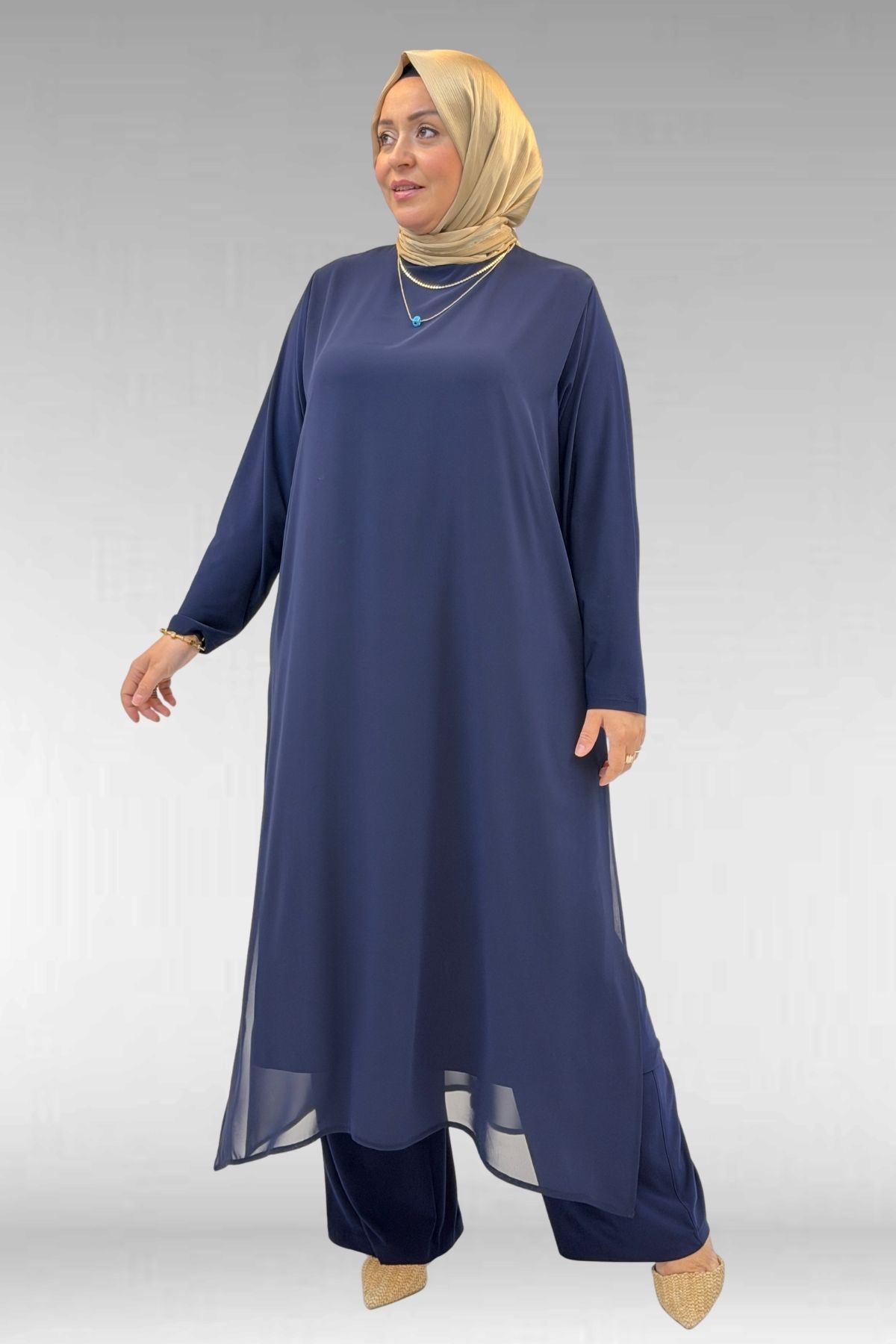 67024 Büyük Beden Sandy-Şifon Elbise - Lacivert