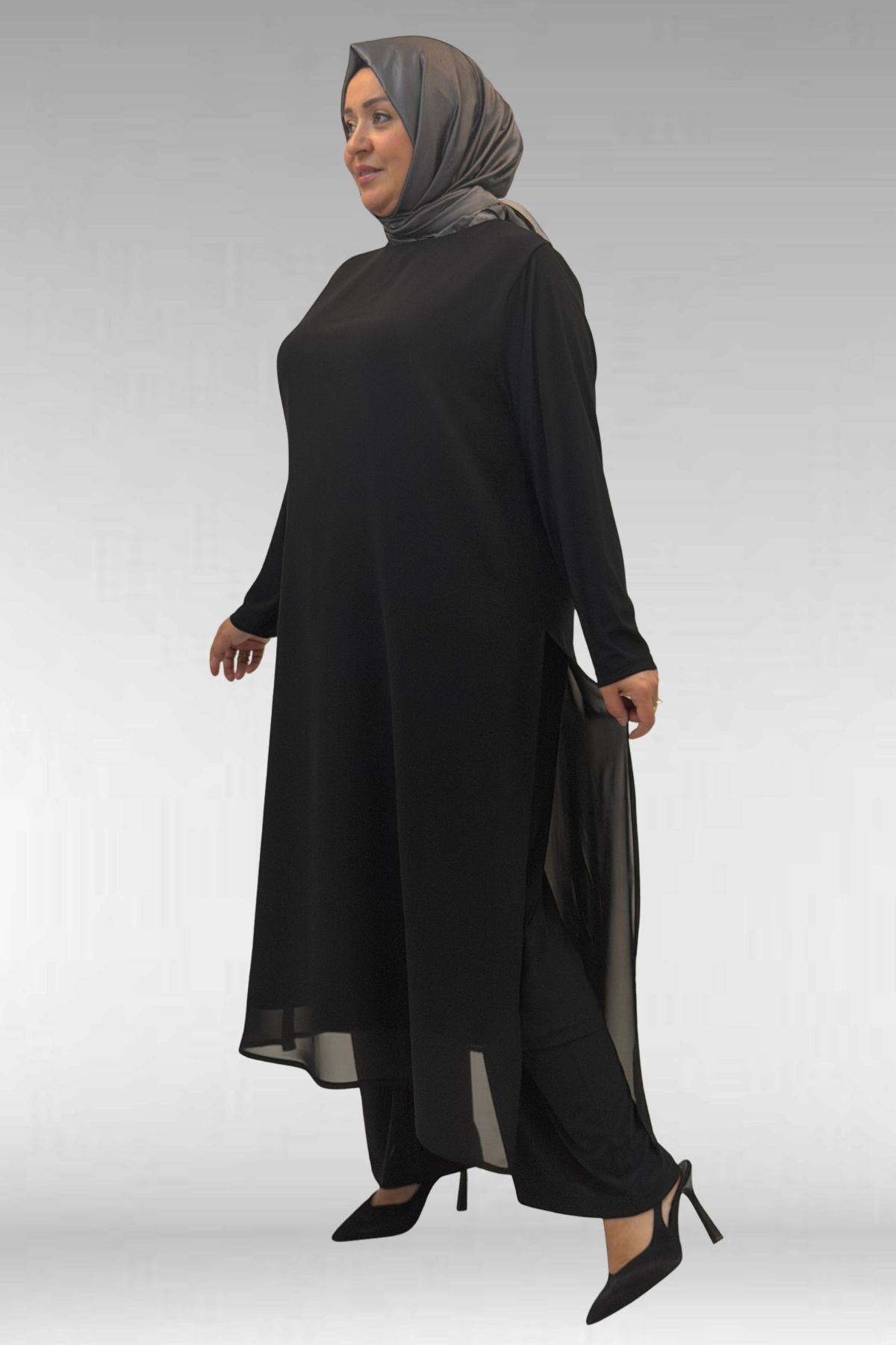 67024 Büyük Beden Sandy-Şifon Elbise - Siyah