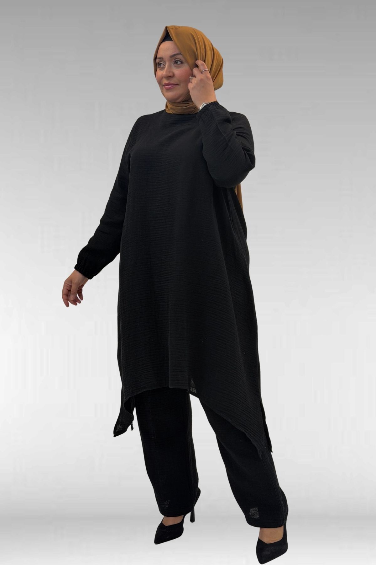 67044 Büyük Beden Asimetrik Kesim Pantolonlu Müslin Takım - Siyah