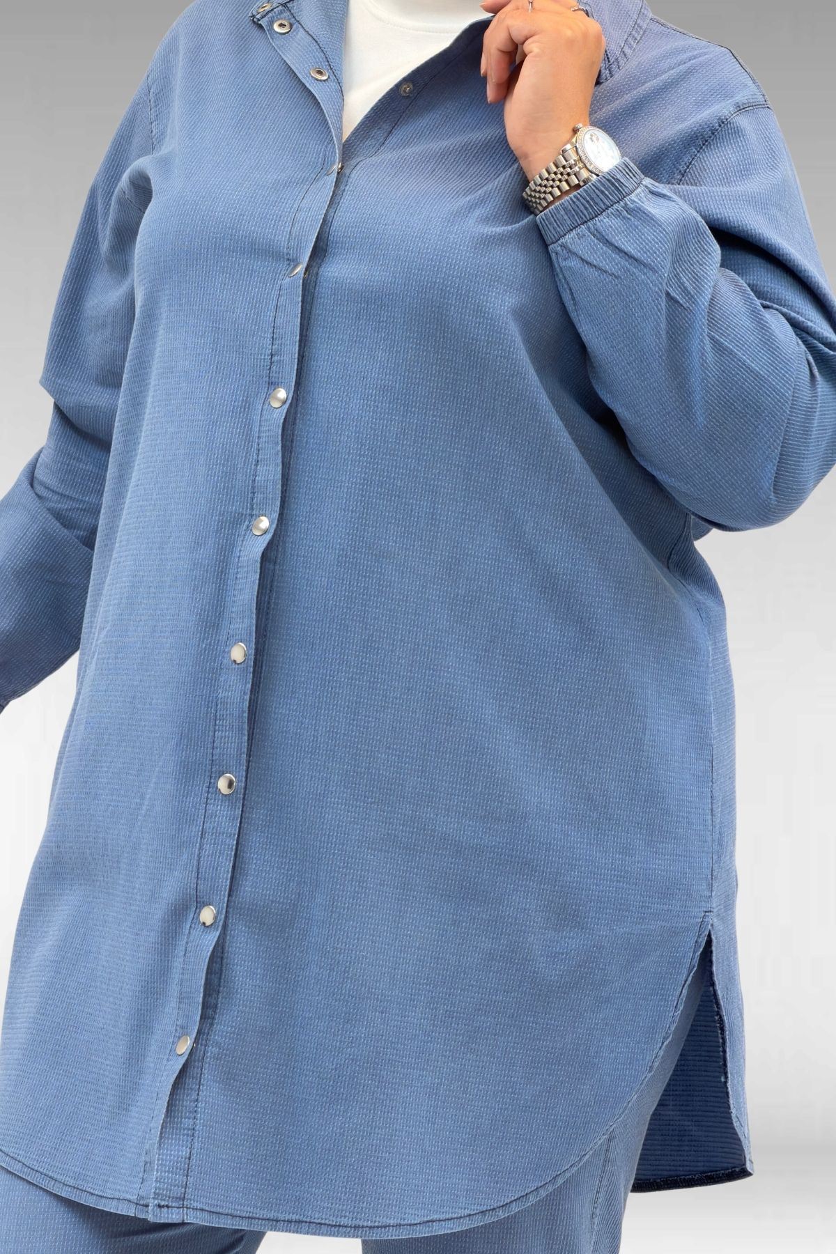 67042 Büyük Beden Kolları Lastikli Pantolonlu Takım - Mavi