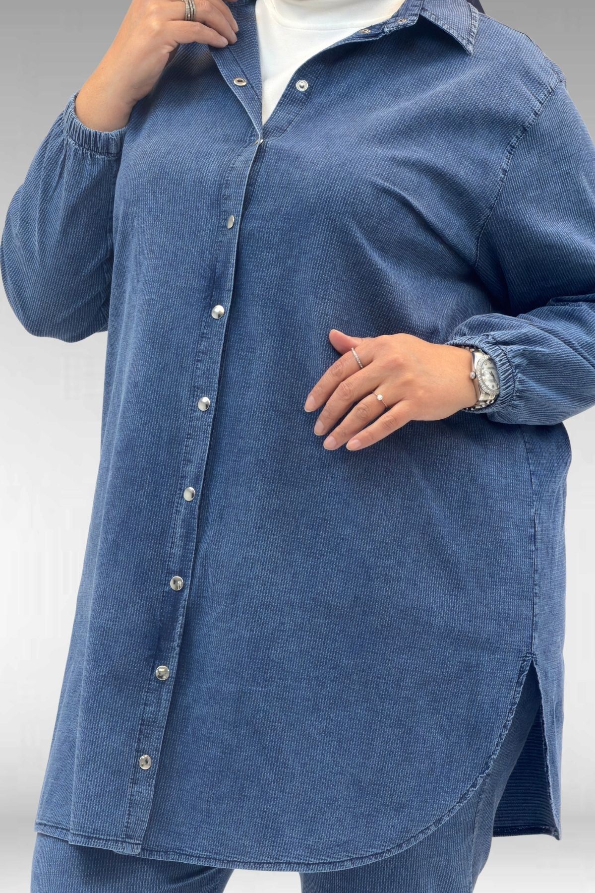 67042 Büyük Beden Kolları Lastikli Pantolonlu Takım - Lacivert