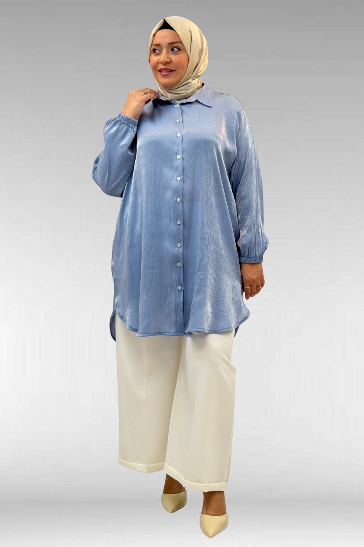 58085-1 Büyük Beden Kolları Lastikli Star Gömlek - İndigo