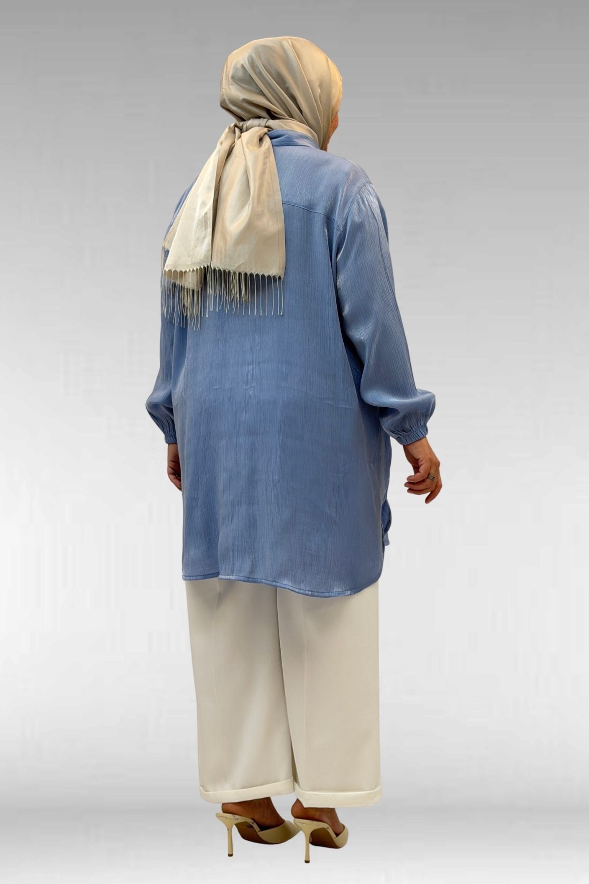 58085-1 Büyük Beden Kolları Lastikli Star Gömlek - İndigo