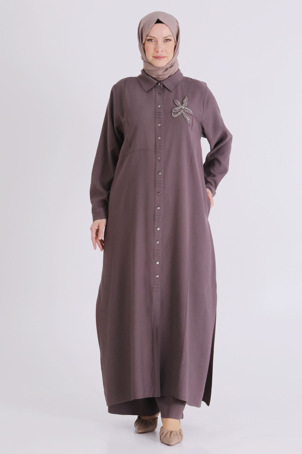 26YV3561 - KAKAO - Büyük Beden Tesettür Pantolonlu Takım