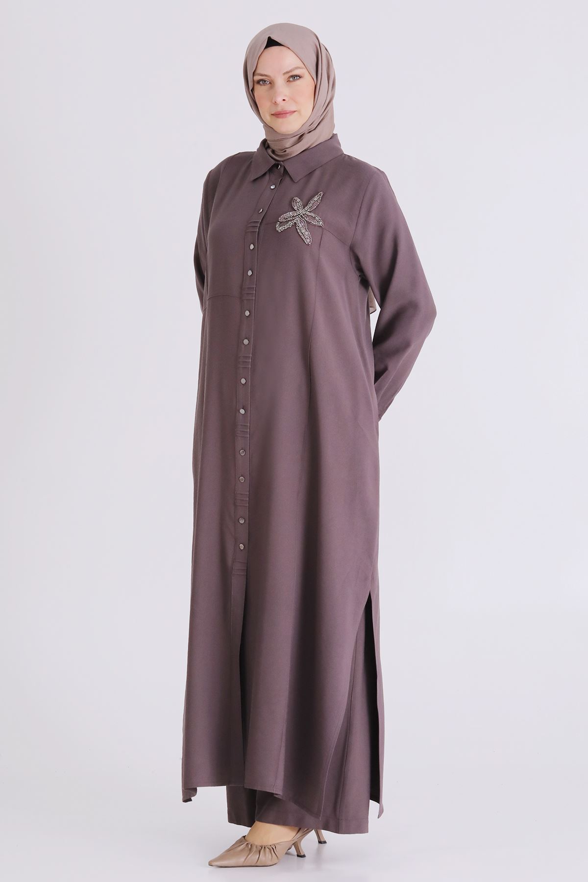 26YV3561 - KAKAO - Büyük Beden Tesettür Pantolonlu Takım