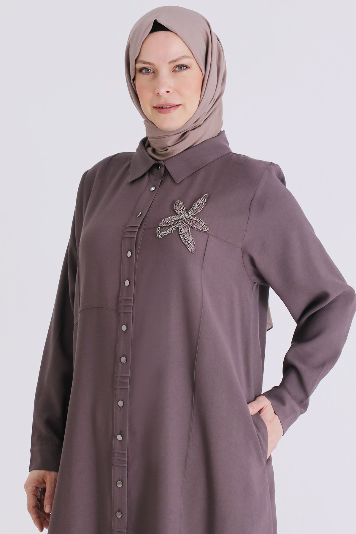 26YV3561 - KAKAO - Büyük Beden Tesettür Pantolonlu Takım