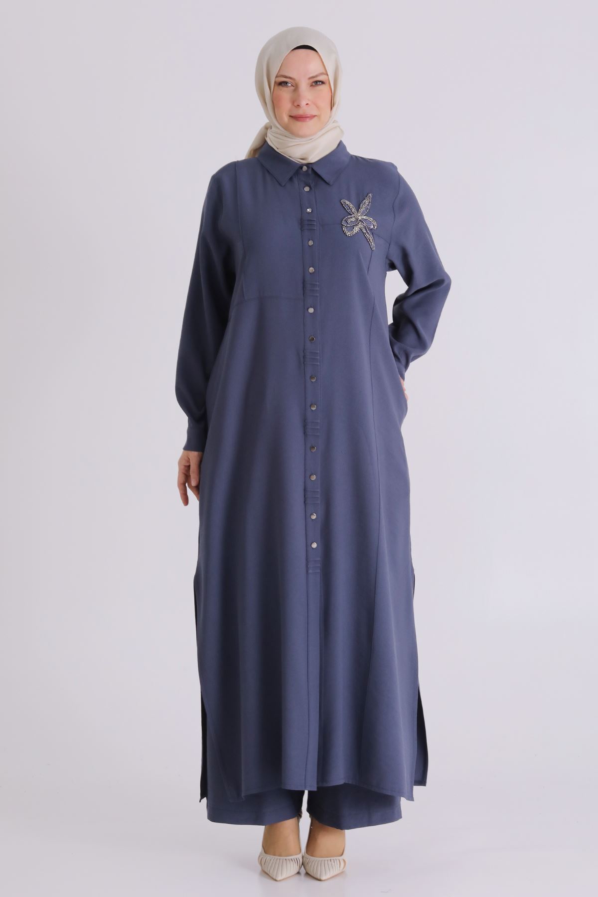 26YV3561 - DUMAN MAVİ - Büyük Beden Tesettür Pantolonlu Takım 