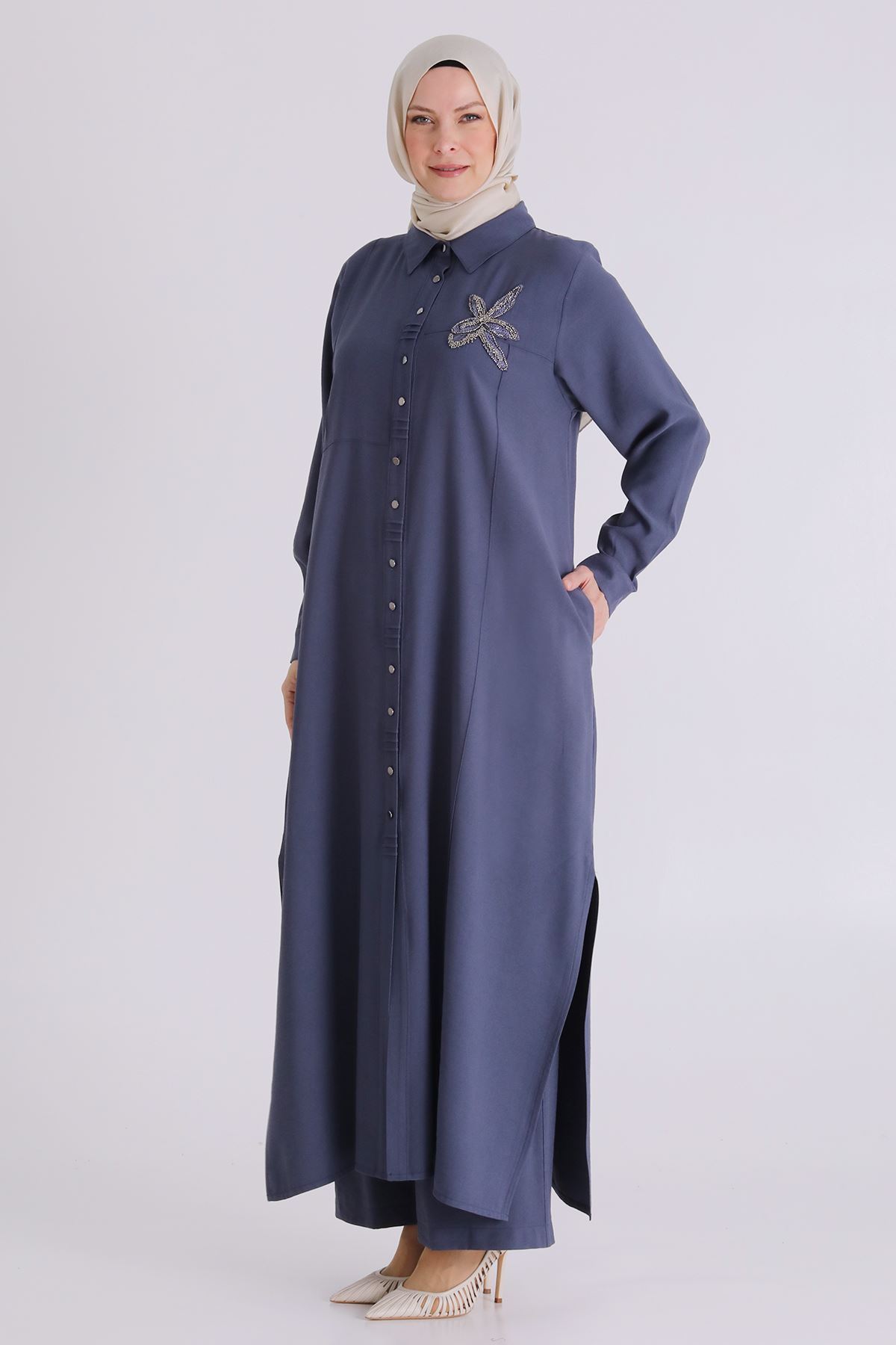 26YV3561 - DUMAN MAVİ - Büyük Beden Tesettür Pantolonlu Takım 