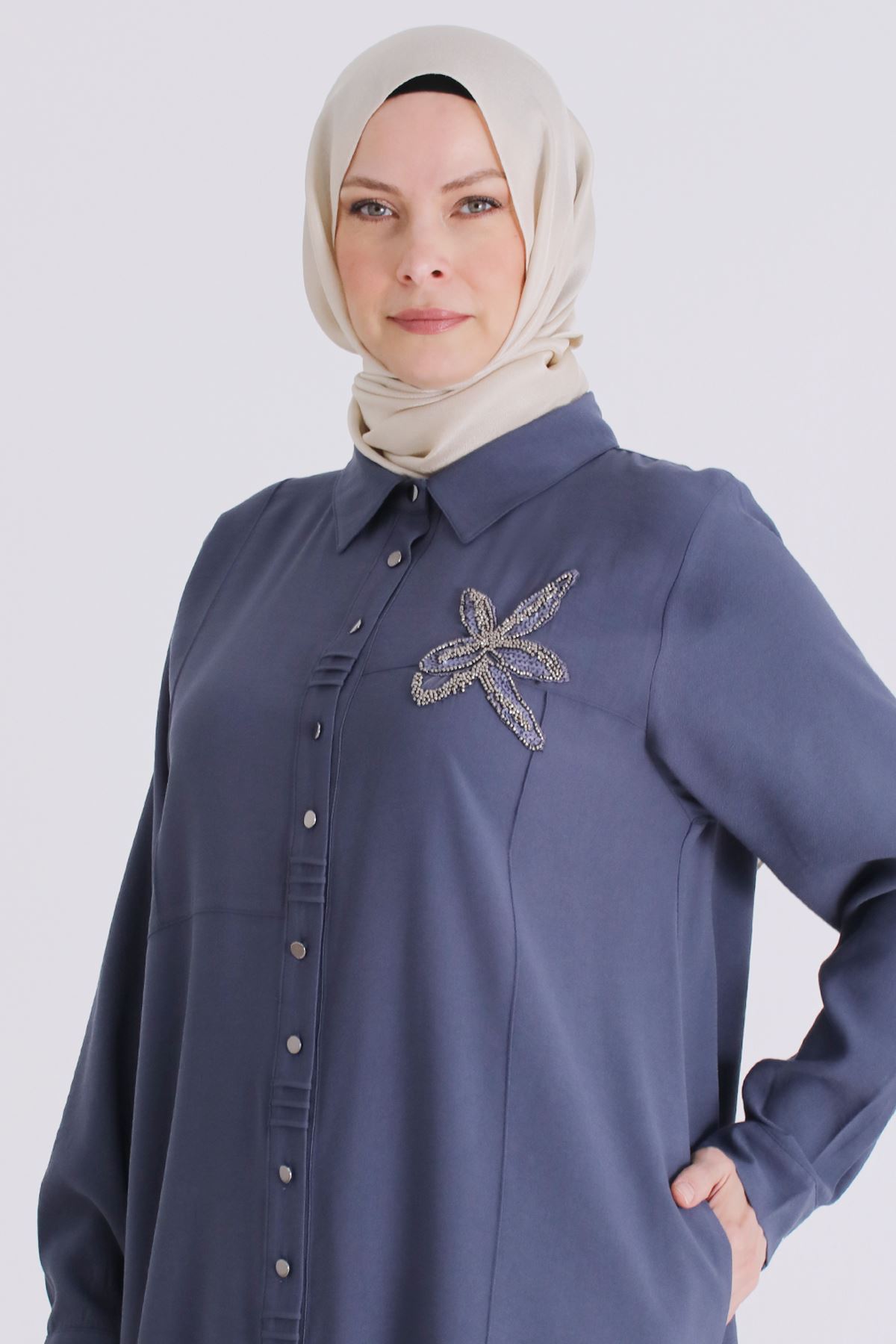 26YV3561 - DUMAN MAVİ - Büyük Beden Tesettür Pantolonlu Takım 