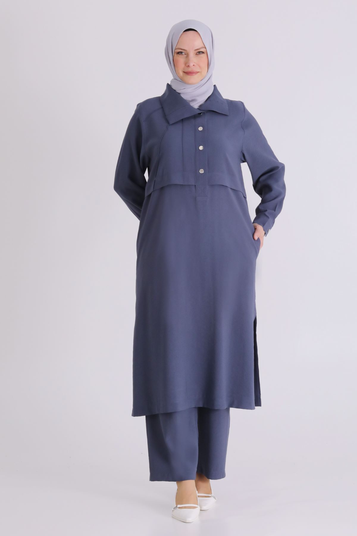 26YV3560 - DUMAN MAVİ - Büyük Beden Tesettür Pantolonlu Takım