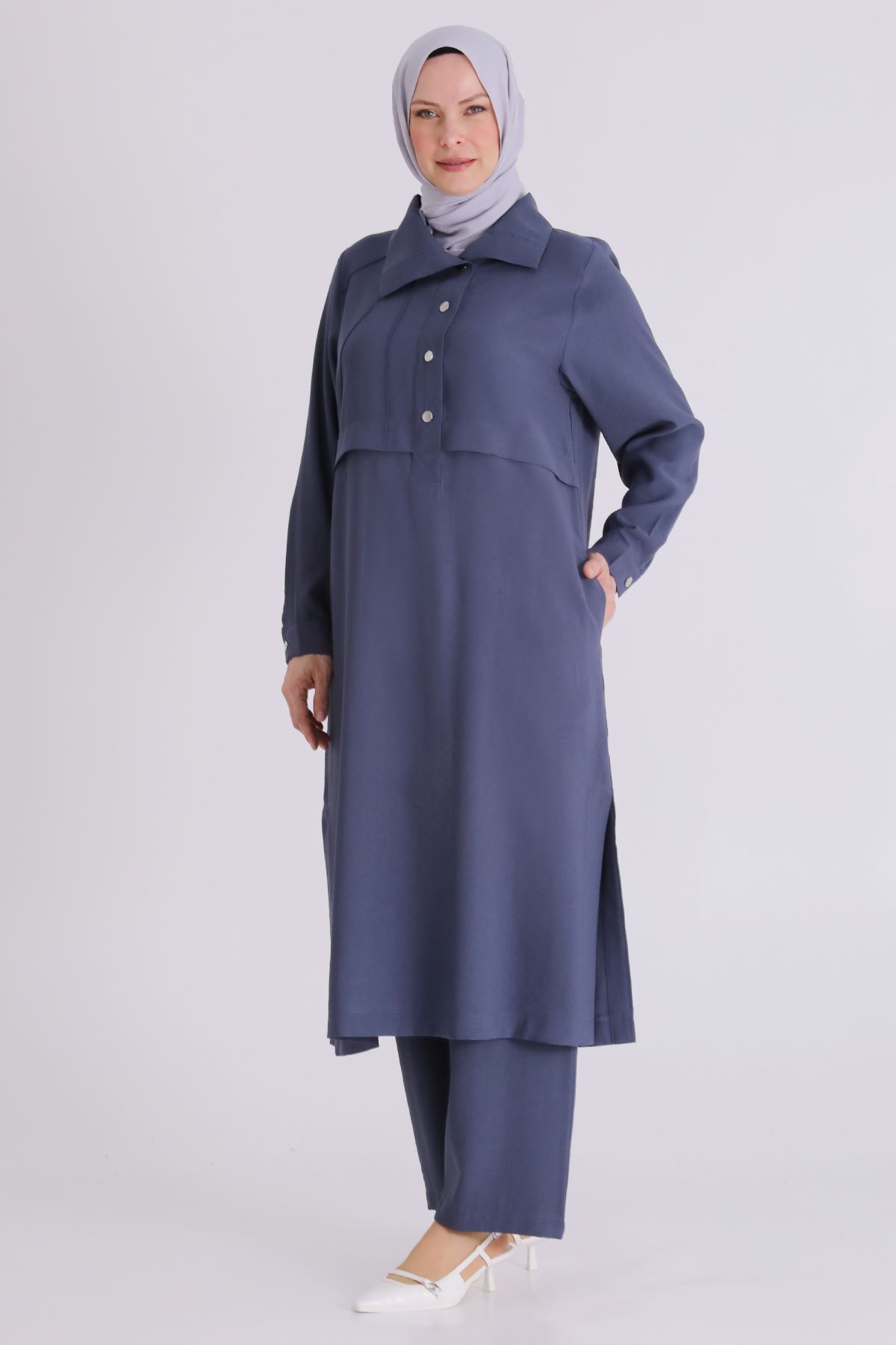 26YV3560 - DUMAN MAVİ - Büyük Beden Tesettür Pantolonlu Takım