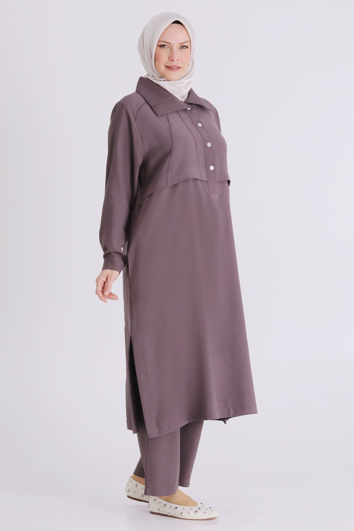 26YV3560 - KAKAO - Büyük Beden Tesettür Pantolonlu Takım