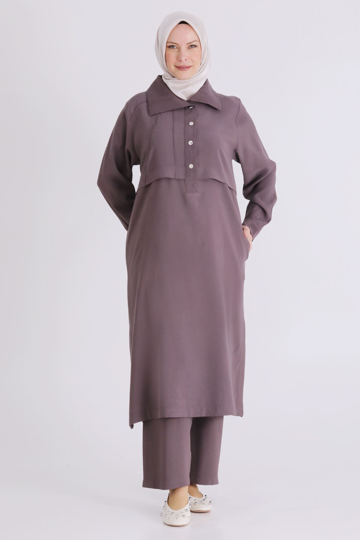 26YV3560 - KAKAO - Büyük Beden Tesettür Pantolonlu Takım