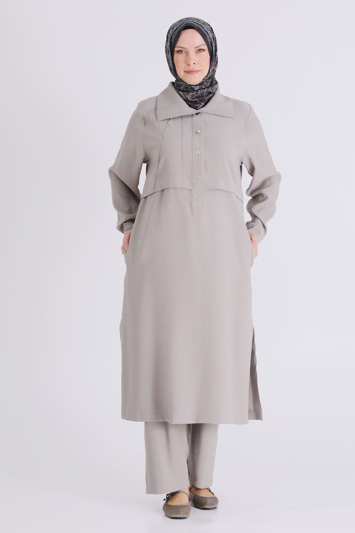 26YV3560 - KÜF YEŞİLİ - Büyük Beden Tesettür Pantolonlu Takım