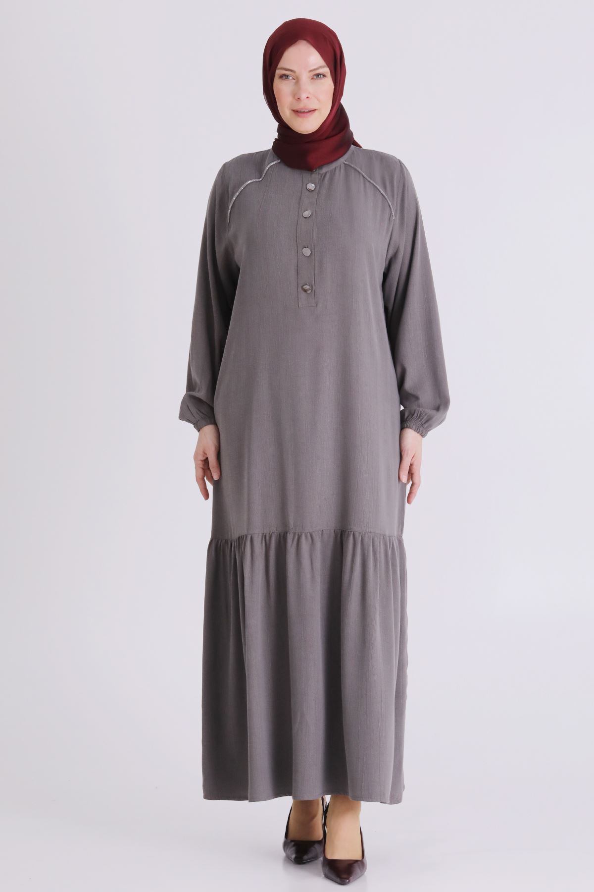 26YV7525 - DUMAN GRİ - Büyük Beden Tesettür Elbise