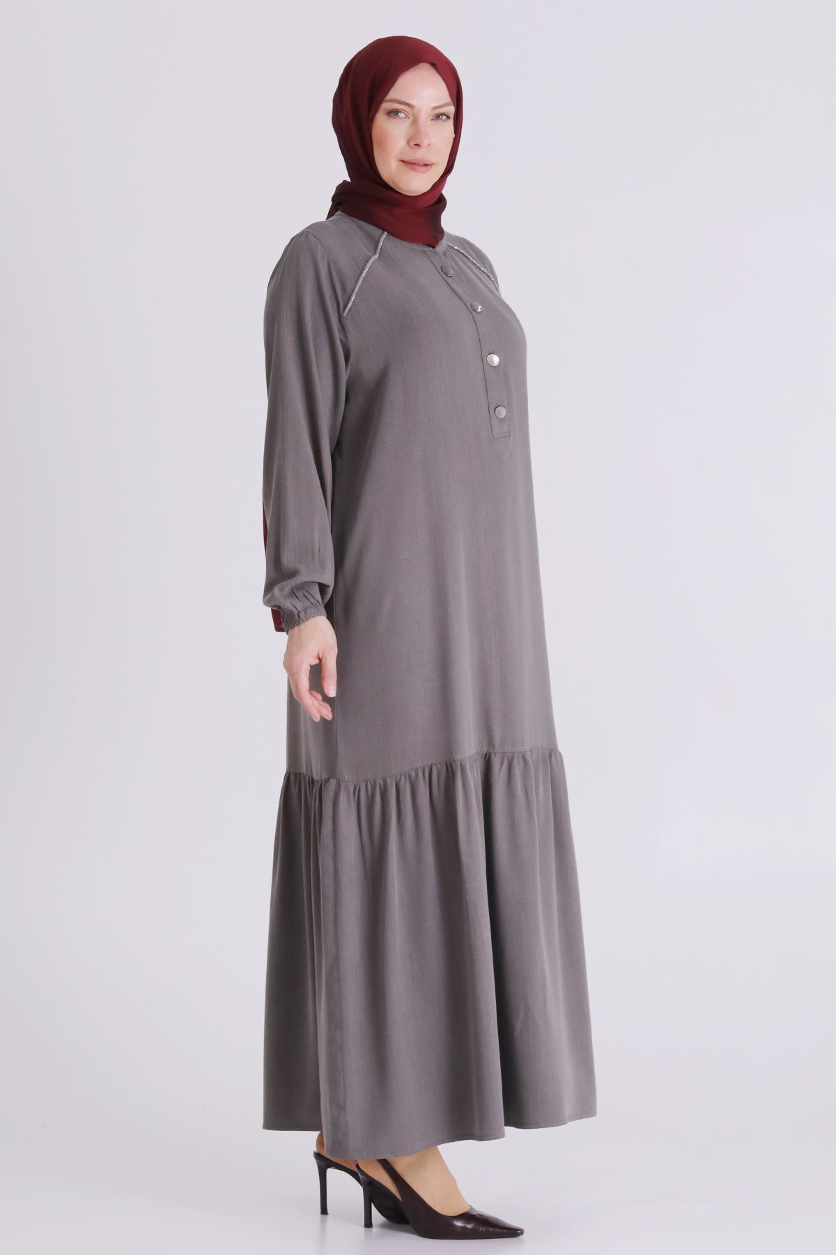 26YV7525 - DUMAN GRİ - Büyük Beden Tesettür Elbise