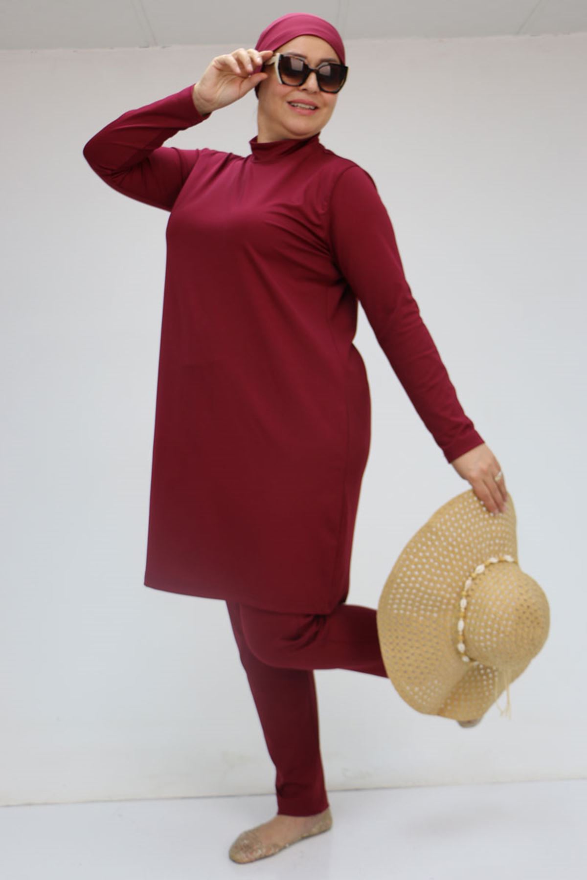 1738 Büyük Beden Uzunkol Tesettür Mayo - Bordo
