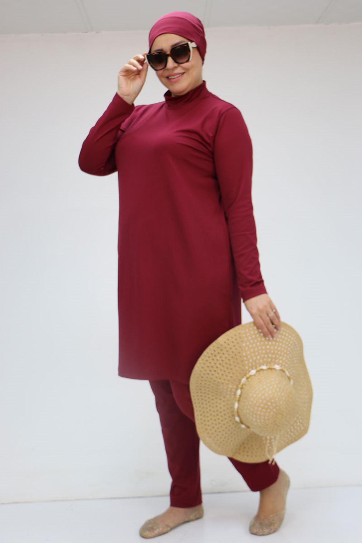 1738 Büyük Beden Uzunkol Tesettür Mayo - Bordo