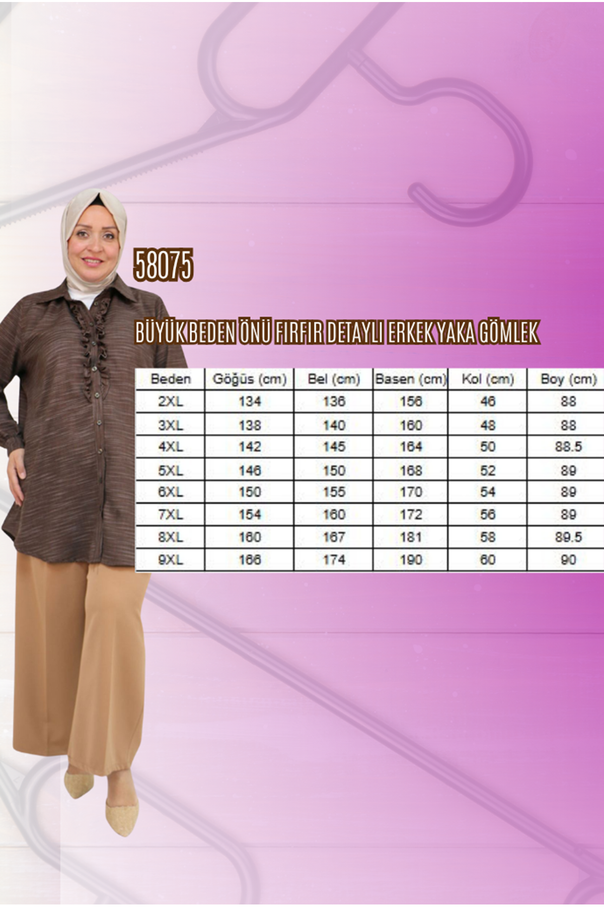 58075 Büyük Beden Önü Fırfır Detaylı Erkek Yaka Gömlek - Nefti Kırçıllı