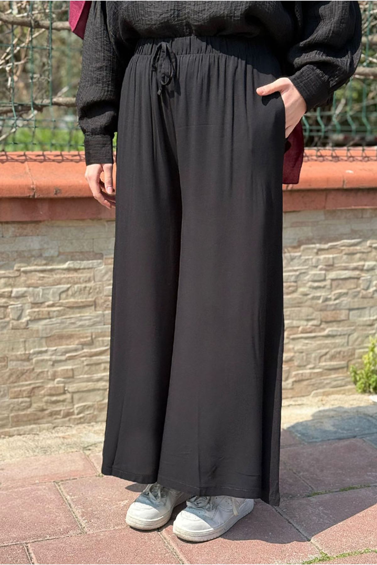 26Y7385 - SİYAH - DÖKÜMLÜ VİSKON PANTOLON 