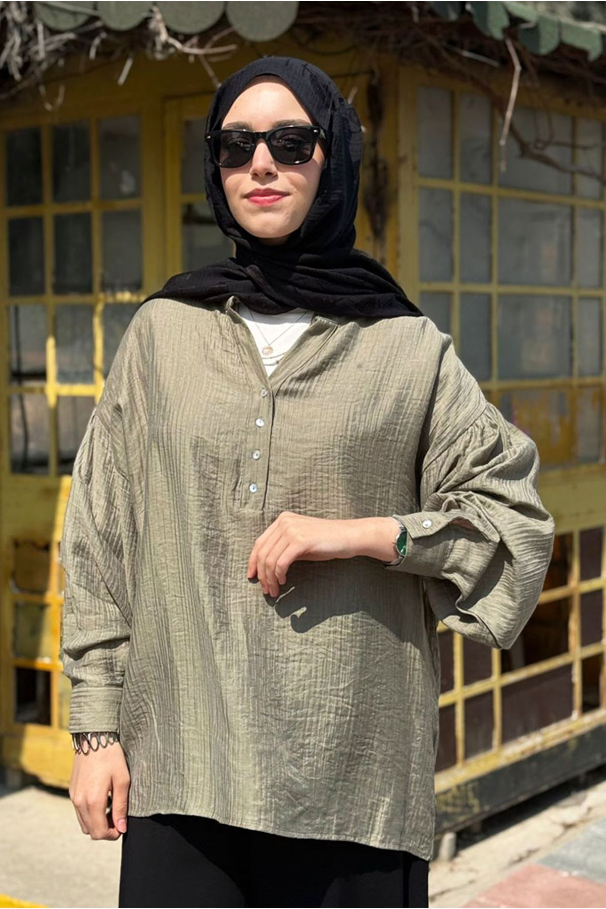 26Y6545 - HAKİ - OVERSİZE MÜSLİN GÖMLEK