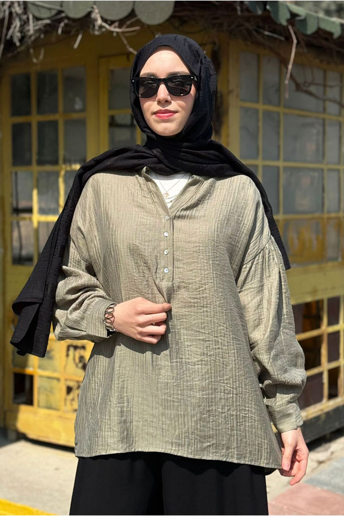 26Y6545 - HAKİ - OVERSİZE MÜSLİN GÖMLEK