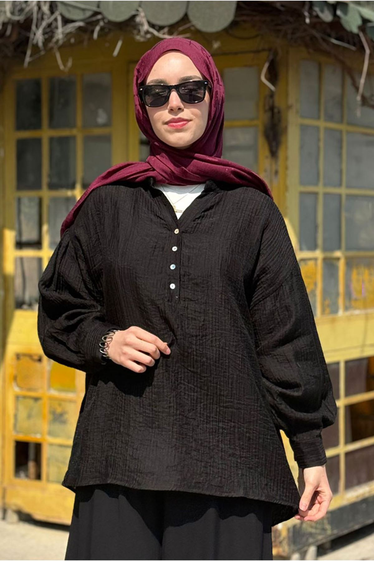 26Y6545 - SİYAH - OVERSİZE MÜSLİN GÖMLEK