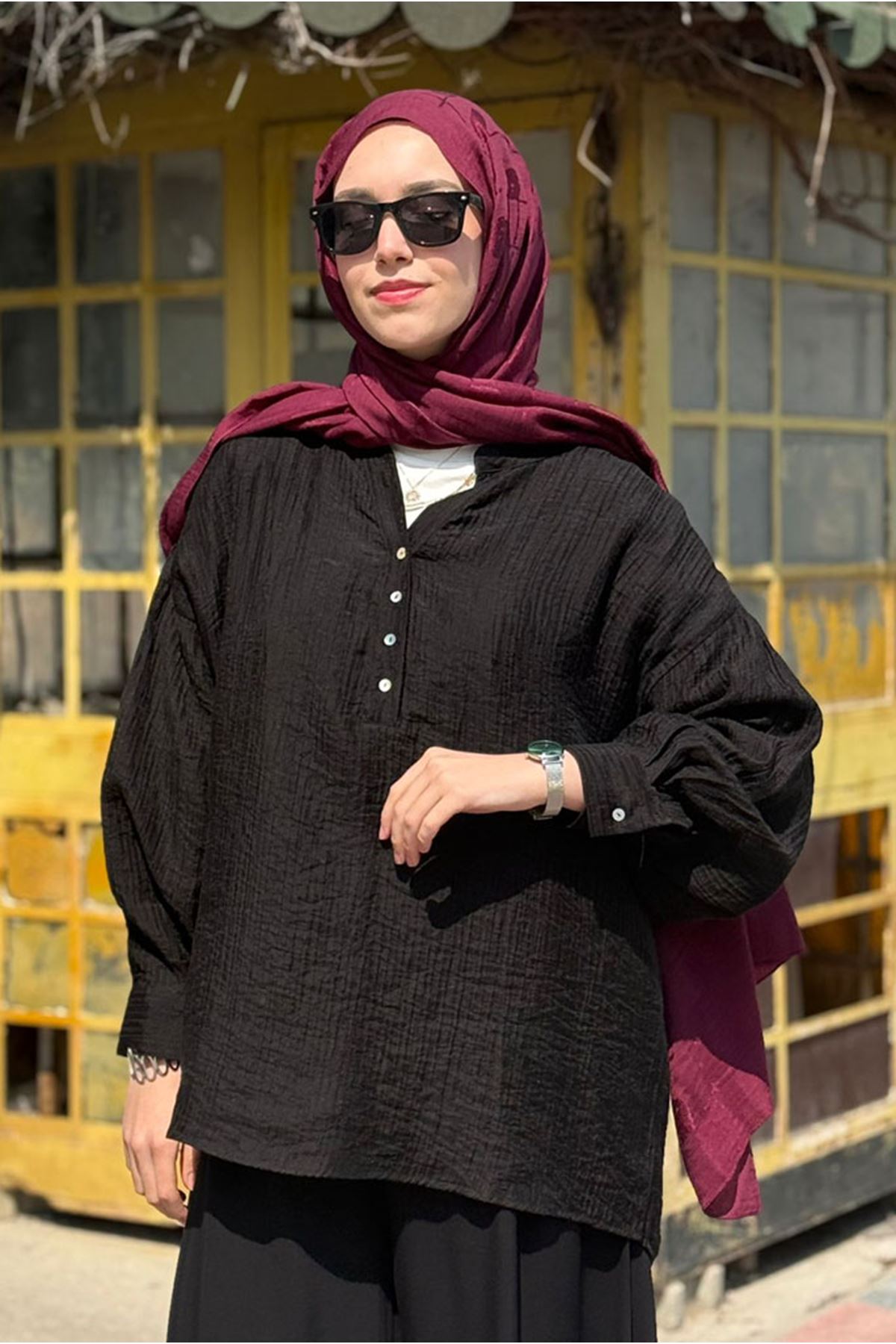 26Y6545 - SİYAH - OVERSİZE MÜSLİN GÖMLEK