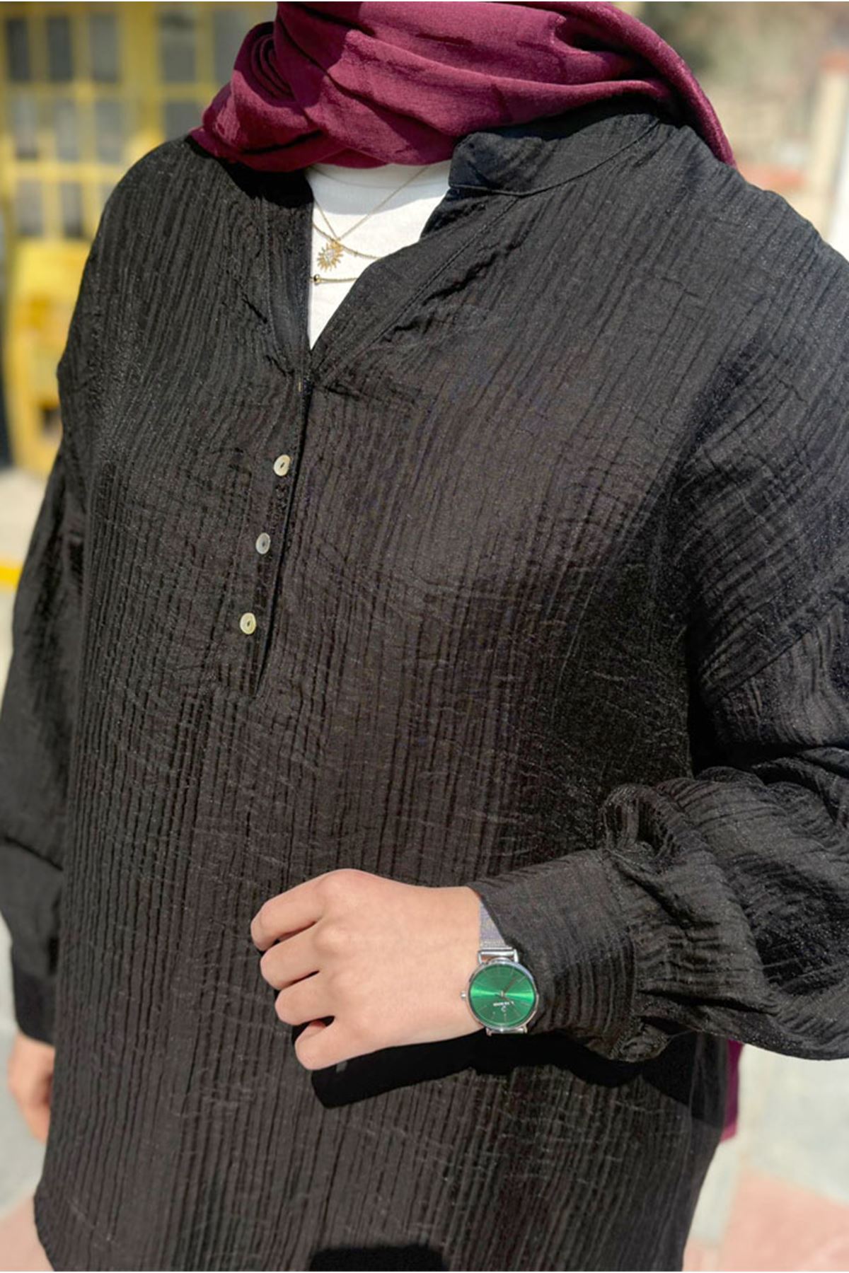 26Y6545 - SİYAH - OVERSİZE MÜSLİN GÖMLEK